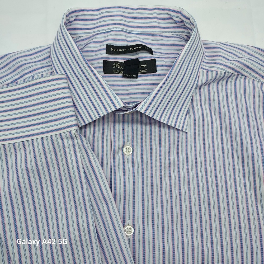 Pronto‎ Uomo Non Iron Modern Fit Striped Dress Shirt Men's XXL Blue Pink White